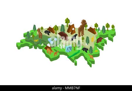 Carte isométrique de l'Eurasie et des animaux des plantes. la flore et la faune sur terre ferme. Vector Illustration de Vecteur