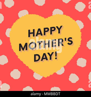 Happy Mother's Day Greeting card avec des points et coups de pinceau. Grand coeur jaune grungy sur fond rouge. Fluffy mignon et modèle de conception de carte postale. Banque D'Images