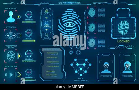 Système de reconnaissance ou d'identification biométrique de la personne, les icônes de la ligne de la vérification d'identité Sign Illustration de Vecteur