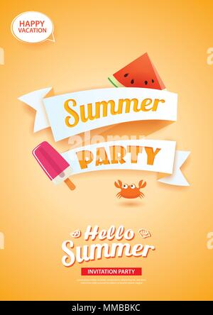 Bonjour summer party card bannière avec fond orange. Utilisation pour une affiche, flyer, publicité, brochure, invitation, flyer. Illustration de Vecteur