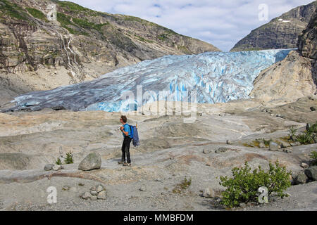 Un guide de montagne en face de Nigardsbreen, un bras du glacier du grand glacier Jostedalsbreen, Norvège, Europe Banque D'Images