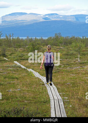 Randonneur sur la femme Kungsleden trail, Abisko National Park, la Suède, Europe Banque D'Images