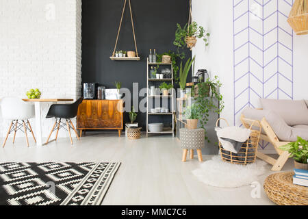 Noir et blanc moderne loft avec commode, table, chaise, plantes Banque D'Images