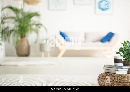 Appartement blanc élégant, avec du bois, canapé en rotin et de plantes pouf Banque D'Images