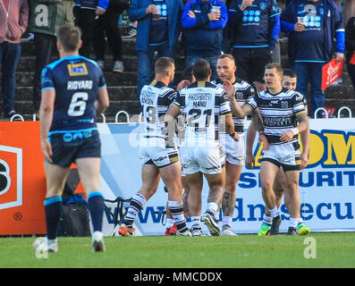 Wakefield, Yorkshire, UK. 10 mai 2018, L.D. Stade de la nutrition, de l'Angleterre ; Ladbrokes Challenge Cup round 6, Rugby League, Featherstone Rovers v Hull Hull FC FC ; célébrer Jake Connors essayer Crédit : News Images /Alamy Live News Banque D'Images