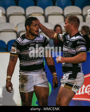 Wakefield, Yorkshire, UK. 10 mai 2018, L.D. Stade de la nutrition, de l'Angleterre ; Ladbrokes Challenge Cup round 6, Rugby League, Featherstone Rovers v Hull FC ; Bureta Faraimo de Hull FC été félicité pour son crédit d'essayer : Nouvelles Images /Alamy Live News Banque D'Images