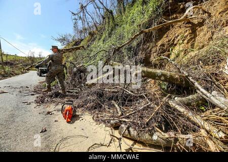 Marines des États-Unis avec l'Équipe de débarquement du bataillon du 2e Bataillon, 6e Régiment de Marines, 26e Marine Expeditionary Unit (MEU), et le détachement 1, à l'atterrissage, la Compagnie de soutien logistique de combat Regiment 45, 4e Groupe logistique maritime, de la conduite des opérations de déminage des routes à Ponce, Porto Rico, le 9 octobre 2017. La 26e MEU, de concert avec les autorités locales et les autres services du Ministère de la Défense, soutient l'organisme fédéral, l'Agence fédérale de gestion des urgences, en fournissant des secours d'ouragan pour Porto Rico. (U.S. Marine Corps photo par Lance Cpl. Tojyea G. Matally) Banque D'Images