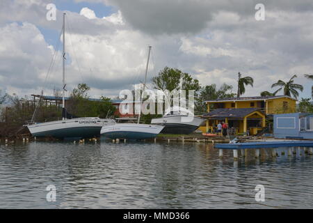 Voiliers mis à la terre s'asseoir après avoir été endommagé lors de l'Ouragan Maria à Salinas, Puerto Rico, 14 octobre, 2017. Les équipes de la maria FSE-10 PR Unified Command sont l'évaluation des dégâts après la tempête et prendre des mesures pour prévenir l'impact sur l'environnement. Le commandement unifié est composé du Ministère des Ressources naturelles et environnementales, la Garde côtière et d'autres, de l'état et les organismes locaux. 10 Le FSE est le cadre par lequel l'aide fédérale est coordonnée avec des organismes d'état en réponse aux déversements d'effectifs ou potentiels ou les matières dangereuses de presse. U.S. Coast Guard photo de Pe Banque D'Images