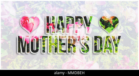 Happy mother's day message écrit sur un fond clair constitué d'une photo de fleurs et de fleurs éclatantes sur le type de texture. Banque D'Images