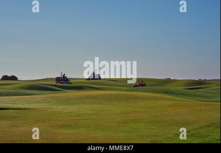 Green Keepers sur leur trajet sur les tracteurs de pelouse tondre le fairways et greens à Carnoustie Golf Course. Carnoustie, Angus, Scotland. Banque D'Images