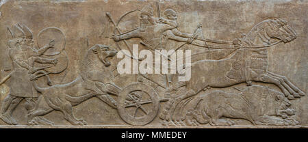 Londres. L'Angleterre. British Museum. Le roi Assurnazirpal II La Chasse aux lions. Panneau de mur en pierre, de secours (865-860 avant J.-C.) des Territoires du palais de Ashurnasirpa Banque D'Images