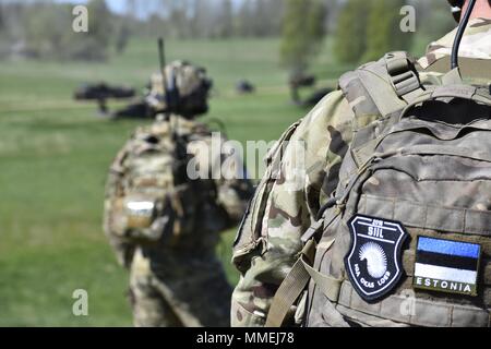 Le personnel de contrôle aérien tactique avec l'Oregon Air National Guard 146e Escadron d'opérations d'appui aérien composé d'un officier de liaison aérienne et de la finale de l'attaque conjointe controller support Exercices Hedgehog 9 mai dans le sud de l'Estonie, le 9 mai 2018. Le TACP ont servi comme conseillers auprès de la Force de défense de l'Estonie pour créer des feux combinés entre les multinationales de l'armée américaine et les moyens de l'aviation. Photos par le major Kurt M. Rauschenberg, 58e EMIB Officier des affaires publiques. () Banque D'Images