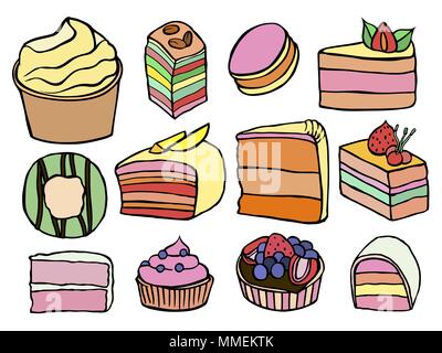 Desserts et sucreries couleur croquis isolé sur fond blanc. Dessin illustration vecteur. Illustration de Vecteur