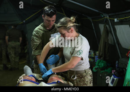 Service de la Marine royale britannique avec les membres du groupe chirurgical avancé Commando, préparer un blessé pour une période d'instruction lors d'un exercice d'entraînement à Camp Lejeune, en Caroline du Nord, le 21 octobre 2017. La Marine royale britannique a participé à Bold Alligator 17, un exercice annuel d'entraînement qui a été conçu pour permettre à l'équipe de la Marine et du corps de former avec les nations partenaires pour affiner et renforcer les compétences essentielles à amphibie la projection de puissance maritime. (U.S. Marine Corps photo par Lance Cpl. Scarlet A. Forte) Banque D'Images