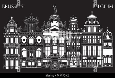 Grand Place à Bruxelles, Belgique. Vue de la Belgique. Vector illustration dessin à la main en blanc isolé sur fond noir. Illustration de Vecteur