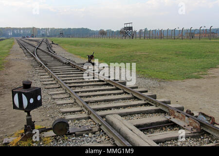 AUSCHWITZ, Pologne, le 12 octobre 2013 : rail de chemin de fer au camp de concentration d'Auschwitz Birkenau KZ, Pologne Banque D'Images