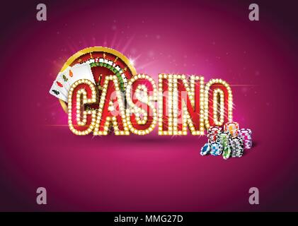Illustration avec casino roulette, cartes de poker, jetons de jeu et l'éclairage pancarte sur fond rouge. Conception de jeu parti pour poster, carte de vœux, invitation ou bannière promo. Illustration de Vecteur