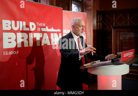 Leader du travail au Fairfield Jeremy Corbyn Ship Building Museum à Glasgow, où le Parti du Travail a appelé à un soutien pour la construction navale britannique dans le cadre d'une stratégie industrielle plus vaste et appel au gouvernement conservateur afin de garantir que les trois nouveaux navires auxiliaires de la Flotte royale sera construit dans les chantiers navals. Banque D'Images