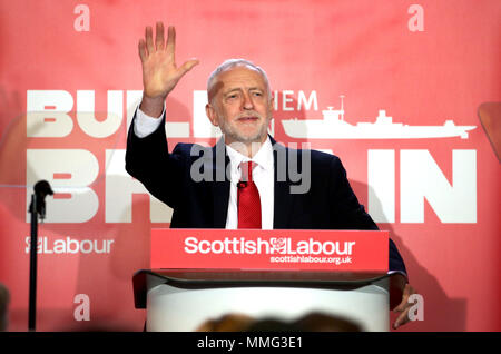 Leader du travail au Fairfield Jeremy Corbyn Ship Building Museum à Glasgow, où le Parti du Travail a appelé à un soutien pour la construction navale britannique dans le cadre d'une stratégie industrielle plus vaste et appel au gouvernement conservateur afin de garantir que les trois nouveaux navires auxiliaires de la Flotte royale sera construit dans les chantiers navals. Banque D'Images