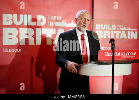 Leader du travail au Fairfield Jeremy Corbyn Ship Building Museum à Glasgow, où le Parti du Travail a appelé à un soutien pour la construction navale britannique dans le cadre d'une stratégie industrielle plus vaste et appel au gouvernement conservateur afin de garantir que les trois nouveaux navires auxiliaires de la Flotte royale sera construit dans les chantiers navals. Banque D'Images