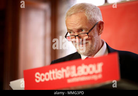 Leader du travail au Fairfield Jeremy Corbyn Ship Building Museum à Glasgow, où le Parti du Travail a appelé à un soutien pour la construction navale britannique dans le cadre d'une stratégie industrielle plus vaste et appel au gouvernement conservateur afin de garantir que les trois nouveaux navires auxiliaires de la Flotte royale sera construit dans les chantiers navals. Banque D'Images