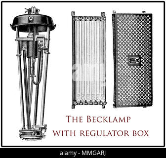 Becklamp vintage, lampe à arc avec son régulateur fort, XIX siècle gravure Banque D'Images