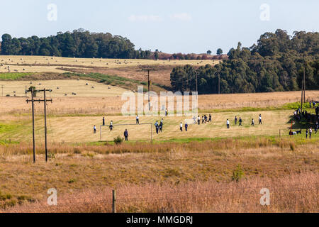 Soccer de l'école de football des enfants jouant dans un jeu d'après-midi l'agriculture paysage pittoresque. Banque D'Images