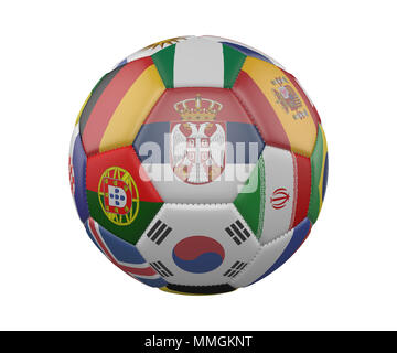 Ballon de soccer avec des drapeaux isolé sur fond blanc, la Serbie dans le centre, 3D Rendering Banque D'Images