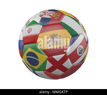 Ballon de soccer avec des drapeaux isolé sur fond blanc, de l'Espagne dans le centre, 3D Rendering Banque D'Images