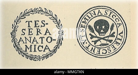 . Adgangsbilletter anatomiske til Det teater. Efter afbildning j th. Bartholins 'Domus Anatomica'. Indskrifterne lyder oversat fra Amérique:Anatomisk - billette de tørre grønnes ben skulle lig saed. Billets d'entrée pour le théâtre anatomique danois du 17ème siècle. . 1886. P. 27 Adgangskort anatomiteatret til Hansen Banque D'Images