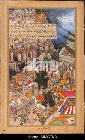 . Il illustre un incident lorsqu'une mine a explosé au cours de l'attaque de Mughal sur la forteresse rajput de Chitor (Chittaurgarh) dans le nord-ouest de l'Inde en 1567, tuant plusieurs des forces assiégeantes Mughal. Au côté droit des sapeurs de Mughal sont indiquées la préparation des chemins couverts pour permettre à l'armée de s'approcher de la forteresse, tandis que leurs adversaires se défendre farouchement. Une mine explose en 1567 pendant le siège de Chitor, tuant un grand nombre des forces de l'Akbarnama Moghole. Entre 1590 et 1595. 1567-Une mine explose durant le siège de Chitor-droite-Akbarnama-large Banque D'Images