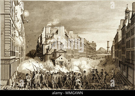 . English : Sujet : la France. Armée. Gardes françaises Sujet : la France. Armée. Régiment des Gardes suisses Sujet : Paris (France) -- rue du Faubourg-Saint-Antoine Sujet : Paris (France) -- Histoire (1789, émeutes) Sujet : Scènes historiques -- 1789-1799 English : Fusillade au faubourg Saint-Antoine, le 28 avril 1789. Après le pillage de la maison et de la Manufacture de Réveillon, les gardes françaises et suisses, qui s'avançoient dans le fauxbourg pour en chasser les brigands, ayant été assailli par une tranquillité de pierres et de tuiles qu'on leur lançait du haut de différentes maisons, firent f Banque D'Images