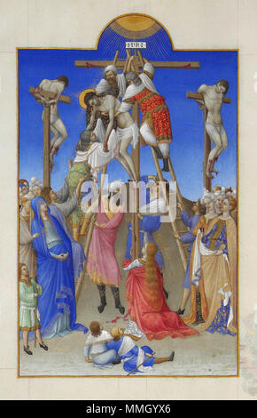 . Français : Le Christ, entouré des larrons, est descendu de la croix, la Vierge et saint Jean à ses pieds Très Riches Heures du duc de Berry : Anglais : le dépôt Français : La déposition de la Croix folio 156 verso. Entre 1411 et 1416. Folio 156v - La Déposition Banque D'Images