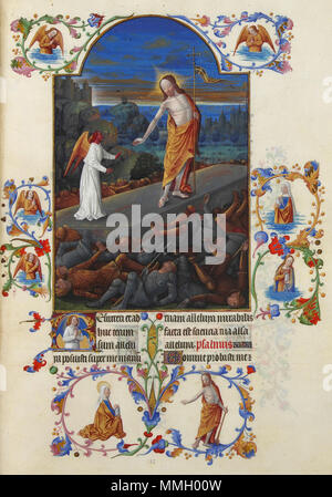 . Français : Le Christ, debout sur son tombeau accompagné d'un ange et entourés de ses gardiens atterrés, le tout dans un paysage represented à l'aube. La miniature est entourée d'anges en prière ainsi que des deux Maries. Tout en bas se trouve une scène du Noli Me Tangere. Très Riches Heures du duc de Berry, Folio 182 verso : La Résurrection de Jésus Christ. Entre 1485 et 1486. Folio 182v - La Résurrection Banque D'Images