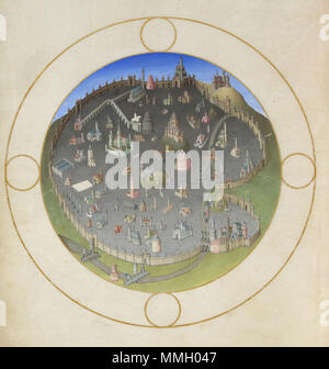 . Français : Ce plan de la ville éternelle est réalisé comme une vue à vol d'oiseau, avec le nord en bas et le sud en haut. Ne sont représentés que les monuments antiques ou chrétiens, sans aucun bâtiment résidentiel ni aucune rue. Le plan semble centré sur le Capitole. Anglais : le plan de la Ville Éternelle décrite à partir d'une vue à vol d'oiseau, avec le nord en bas de la page et le sud en haut. Représentés sont seulement monuments de l'antiquité et le christianisme, mais pas d'immeubles d'habitation ou de n'importe quelle rue. Le plan semble être centrée sur le Capitol. Très Riches Heures du duc de Berry Folio 141 : une carte Banque D'Images