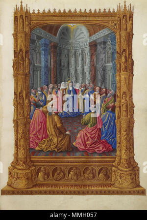 . Français : La Vierge entourée des apôtres reçoivent le Saint-Esprit dans une basilique Très Riches Heures du duc de Berry : English : Français : La Pentecôte La Pentecôte folio 79 recto. Entre 1485 et 1486. Folio 79r - La Pentecôte Banque D'Images