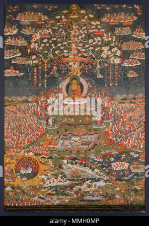 . Anglais : Amitāyus Bouddha dans Son paradis. Le Tibet. Badigeonnez avec de l'or sur toile, 56 1/4 x 39 1/2 in. (142,9 x 100,3 cm). Amitayus, le Bouddha de la vie éternelle, est également connu sous le nom d'Amitabha, l'un des cinq Bouddhas cosmiques du bouddhisme ésotérique. Il est indiqué dans son paradis, Sukhavati, la terre pure de l'Ouest, intronisé sous un arbre décoré avec des brins de bijoux et symboles auspicieux. D'un côté le ciel est rempli d'une foule de demi-dieux extatique qui portent des offrandes et nuages de fleurs. Assis au-dessous de sont les huit grands bodhisattvas, et entre eux, sont deux grandes tables basses couvertes Banque D'Images