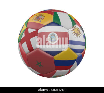 Ballon de soccer avec des drapeaux isolé sur fond blanc, le Costa Rica dans le centre, 3D Rendering Banque D'Images