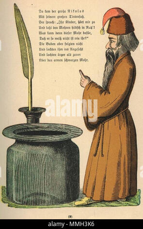 . Der Struwwelpeter : Die Geschichte von den schwarzen Buben Tafel 2  = Anglais : une histoire qui appelle Struwelpeter. Deutsch : "Da kam der grosse Nikolas mit seinem großen Tintenfaß" aus : Der Struwwelpeter, Die Geschichte von den schwarzen Buben . créé 1858. Heinrich Hoffmann (1809-1894) Noms alternatifs Polycarpus Heulalius Heulenburg Gastfenger ; von Reimerich ; Peter Struwwel Kinderlieb ; Description de l'auteur auteur allemand de Struwwelpeter Date de naissance/décès 13 juin 1809 au 20 septembre 1894 Lieu de naissance/décès Frankfurt Munich Allemagne lieu de travail contrôle d'autorité : Q215724 VI Banque D'Images