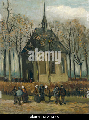 . Anglais : peinture de Vincent van Gogh, 1884 - 1885 : Nederlands Schilderij van Vincent van Gogh, 1884 - 1885 English : Congrégation de quitter l'Église réformée à Nuenen : Het uitgaan Nederlands Hervormde Kerk van de te Nuenen . Janvier 1884. Het uitgaan van de Hervormde Kerk te Nuenen - s0003V1962 - Van Gogh Banque D'Images