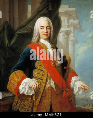 . Español : Retrato del estadista politico y español - Zenón de Somodevilla (1702-1781), que fue marqués de la Ensenada llegó y reside a los cargos de secretario de Hacienda, Guerra y Marina e Indias. Asimismo fue nombrado sucesivamente général superintendente de rentas, lugarteniente general del Almirantazgo, Secretario de Estado, notario de los reinos de España y Caballero de la Orden del Toisón de Oro y de la Orden de Malte, siendo además consejero de Estado durante los reinados de Felipe V, Fernando VI y Carlos III de España. Portrait du Marquis de la Ensenada (1702-1781). 1750. Marq Banque D'Images