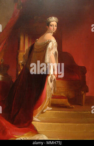 . La reine Victoria, 1838 Thomas Sully (American, 1783-1872) Huile sur toile ; 94 x 58 in. (238,8 x 147,3 cm) prêtés par Mme Arthur A. Houghton Jr. (L.1993.45) dans un ingénieux prendre sur l'art du portrait de l'état traditionnel, Sully a choisi le moment de la reine et littérale ascendance physique afin de transmettre sa dignité et l'humanité, sa féminité et la force. Ironiquement, elle ne pouvait pas monter les escaliers avec grâce. 'Il donne sa douleur pour monter ou descendre des escaliers,' a noté Sully. "Je crains [il y a] quelque chose de mal dans le genou." . 4 mai 2007, 19:24:27. Molly la reine Victoria, 1838 Banque D'Images