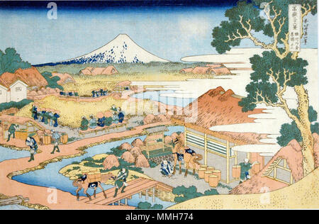 . Anglais : numéro d'Accession : 1957.171 Afficher Artiste : Katsushika Hokusai Afficher Titre : Fuji de la plantation de thé de la province de Suruga dans Katakura Series Title : Trente-six vues du Mont Fuji de Fugaku sanjurokkei Nom : Date de création : ca. 1831-1834 Hauteur : 10 in. Largeur : 14 13/16 in. Dimensions d'affichage : 10 in. x 14 13/16 in. (25,4 cm x 37,62 cm) Editeur : Nishimuraya Yohachi Ligne de crédit : legs de Mme Cora Burnett Timken : Copie de l'étiquette 'el artista utilizo la tcnica poco d'habitude de lneas blancas, en lugar de negras, para representar lluvia torrencial. La lluvia cae en el que quinceavo da del t Banque D'Images
