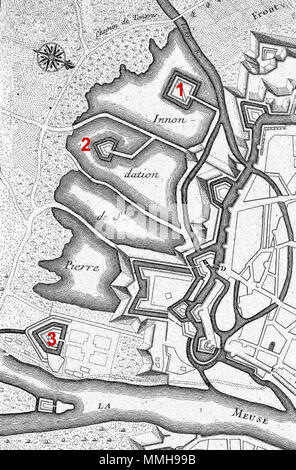 . Anglais : Détail d'une carte française des fortifications de Maastricht, Pays-Bas, publié en 1708 à Paris. Cette section présente les inondations au sud de la ville, généralement appelé de kommen ; en Français : Innondation de St.-Pierre. Les chiffres en rouge ont été ajouté par Kleon3 : 1 : Inundatieschans ; 2 : Lunet La Royale ; 3 : Bastion Saint-Pierre. . 18 décembre 2007, 14:33:43. Cartographe de l'inconnu. Editeur : Baillieux, Paris (1708) Atlas Beudeker-C9E10 044 14X-PLAN DE MAESTRICH-a Banque D'Images