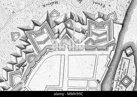 . Anglais : Détail d'une carte française des fortifications de Maastricht, Pays-Bas, publié en 1708 à Paris. Cette section montre la partie nord des fortifications, le soi-disant Bossche Fronten. . 18 décembre 2007, 14:33:43. Cartographe de l'inconnu. Editeur : Baillieux, Paris (1708) Atlas Beudeker-C9E10 044 14X-PLAN DE MAESTRICH-Bossche Fronten 1708 Banque D'Images