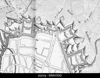 . Anglais : Détail d'une carte française des fortifications de Maastricht, Pays-Bas, publié en 1708 à Paris. Cette section montre la partie ouest des fortifications, le soi-disant Hoge Fronten. . 18 décembre 2007, 14:33:43. Cartographe de l'inconnu. Editeur : Baillieux, Paris (1708) Atlas Beudeker-C9E10 044 14X-PLAN DE MAESTRICH-Hoge Fronten 1708 Banque D'Images