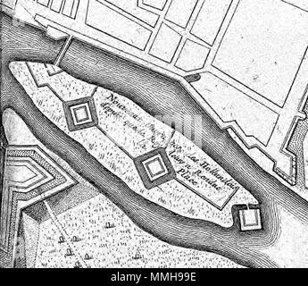 . Anglais : Détail d'une carte française des fortifications de Maastricht, Pays-Bas, publié en 1708 à Paris. Cette section montre l'ancienne île de Saint Antoine dans la Meuse. . 18 décembre 2007, 14:33:43. Cartographe de l'inconnu. Editeur : Baillieux, Paris (1708) Atlas Beudeker-C9E10 044 14X-PLAN DE MAESTRICH-St-Antoniuseiland 1708 Banque D'Images