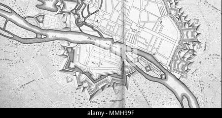 . Anglais : Détail d'une carte française des fortifications de Maastricht, Pays-Bas, publié en 1708 à Paris. Cette section montre les fortifications dans Wyck et le long de la Meuse. . 18 décembre 2007, 14:33:43. Cartographe de l'inconnu. Editeur : Baillieux, Paris (1708) Atlas Beudeker-C9E10 044 14X-PLAN DE MAESTRICH-Wycker &AMP ; 1708 Maasfortificaties Banque D'Images