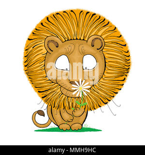 Une illustration d'un lion mâle avec une grande crinière, reniflant une fleur blanche. Banque D'Images