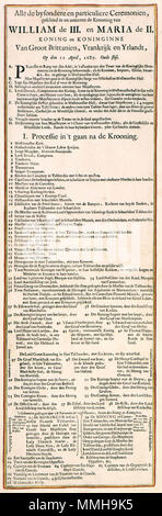 . Nederlands : Deze tekst behoort bij de plaat Romeyn de Hooghe (OD) de kroningsceremonie 1645-1708 van Willem III fr Marie Stuart tot koning en koningin van Engeland op 11 avril 1689 heeft afgebeeld. Anglais : Ce texte fait partie d'imprimer par Romeyn de Hooghe (1645-1708) représentant le couronnement de Guillaume III et Marie Stuart le 11 avril 1689. Alle de bijsondere Ceremonien geschied en mere arabe (voir photo 5, en fr omtrent de Krooning de William III. en MARIA de II Editeur : Weduwe van Steven Swart Atlas Van der Hagen-KW1049B11 0231-Alle de bijsondere Ceremonien geschied en mere arabe (voir photo 5, en fr omtr Banque D'Images